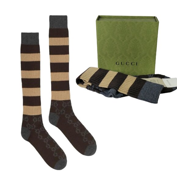 GUCCI SOCKS STRIPED GG LOGO PRINT WOOL BLEND w BOX sz 11/ M Medium